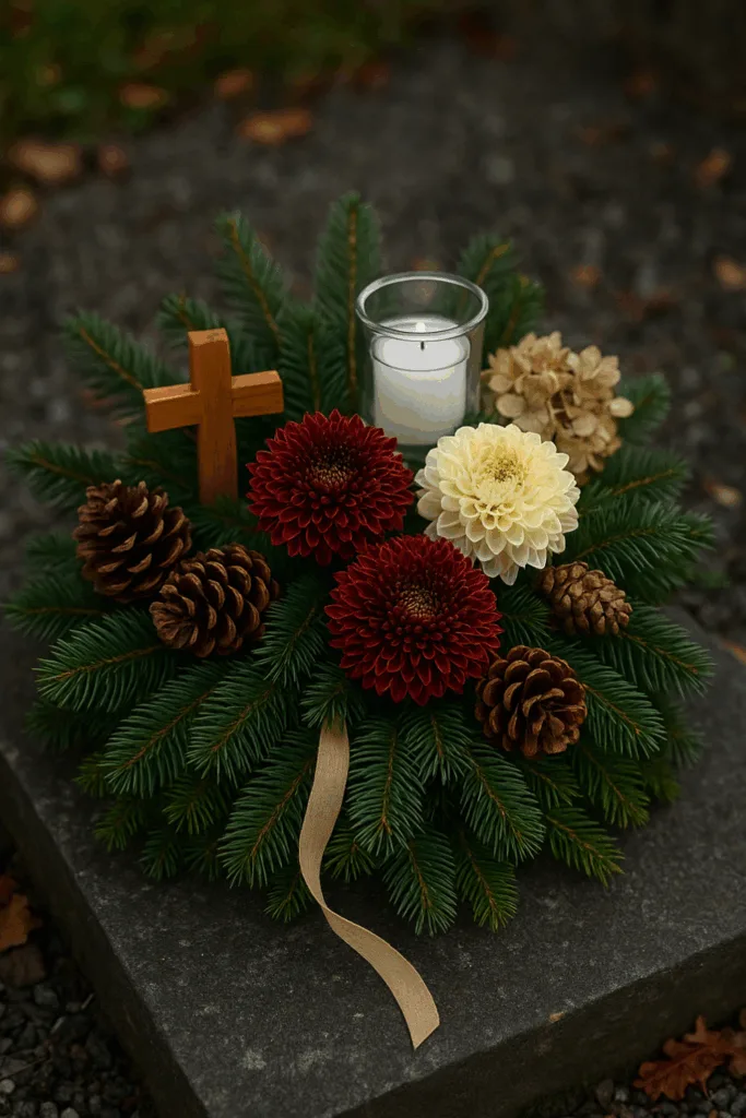 Grabgesteck zu Allerheiligen - 3 würdevolle Ideen Grabgesteck zu Allerheiligen mit Tannengrün, Chrysanthemen und Holzkreuz auf Grabstein