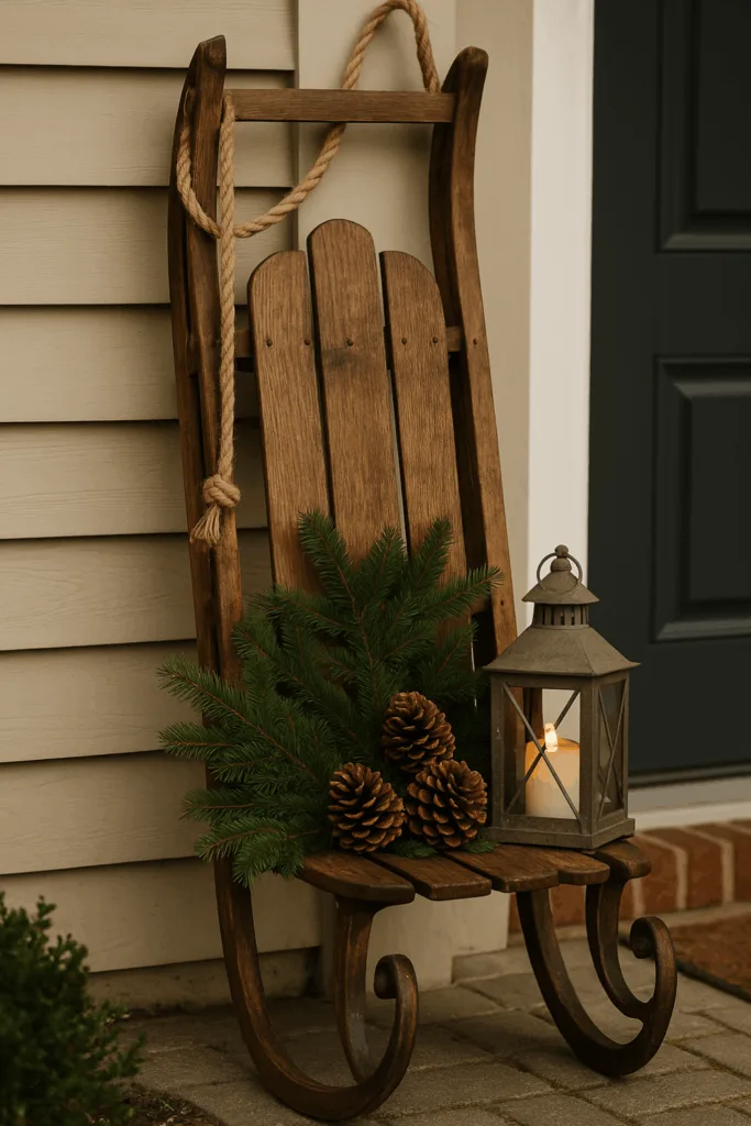 Schlitten Deko zu Weihnachten - 3 kreative Ideen für draußen Holzschlitten Deko Weihnachten draußen mit Tannenzweigen und Laterne vor Haustür