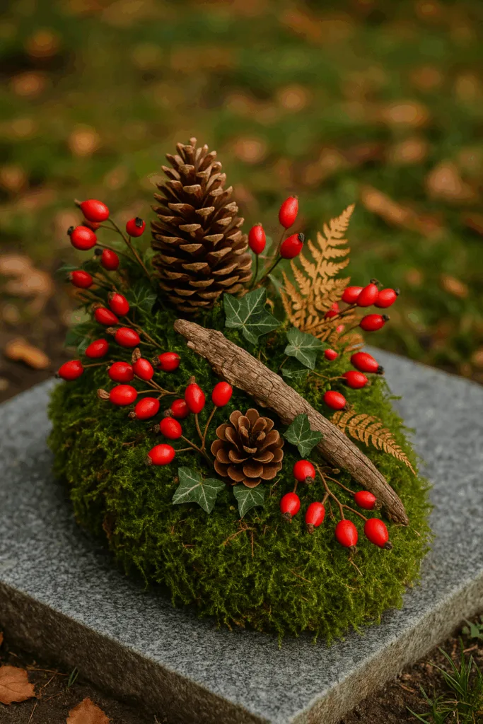 Grabgesteck zu Allerheiligen - 3 würdevolle Ideen Natürliches Grabgesteck zu Allerheiligen aus Moos, Zapfen und Hagebutten