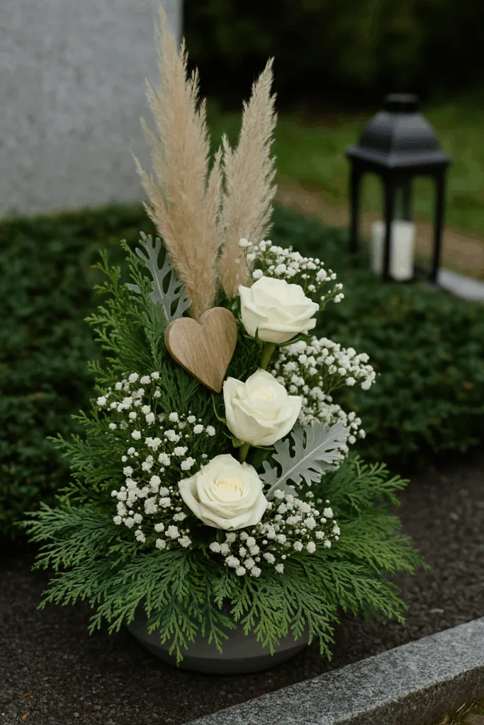 Grabgesteck zu Allerheiligen - 3 würdevolle Ideen Modernes Grabgesteck zu Allerheiligen mit weißen Rosen, Eukalyptus und Pampasgras