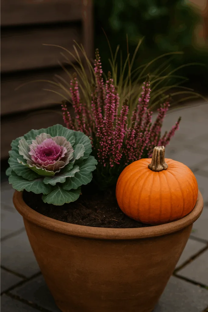 Herbstschale bepflanzen - 3 kreative Ideen für den Garten Herbstschale bepflanzen mit Heide, Zierkohl und Kürbis in Terrakottatopf