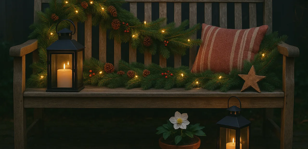 Gartenbank weihnachtlich dekorieren mit Tannengrün, Lichterkette und Laternen