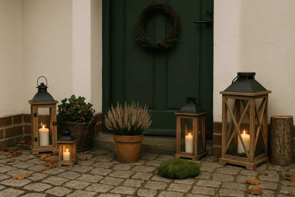 Herbstliche Dekoideen am Hauseingang mit Laternen, Heide und Naturmaterialien