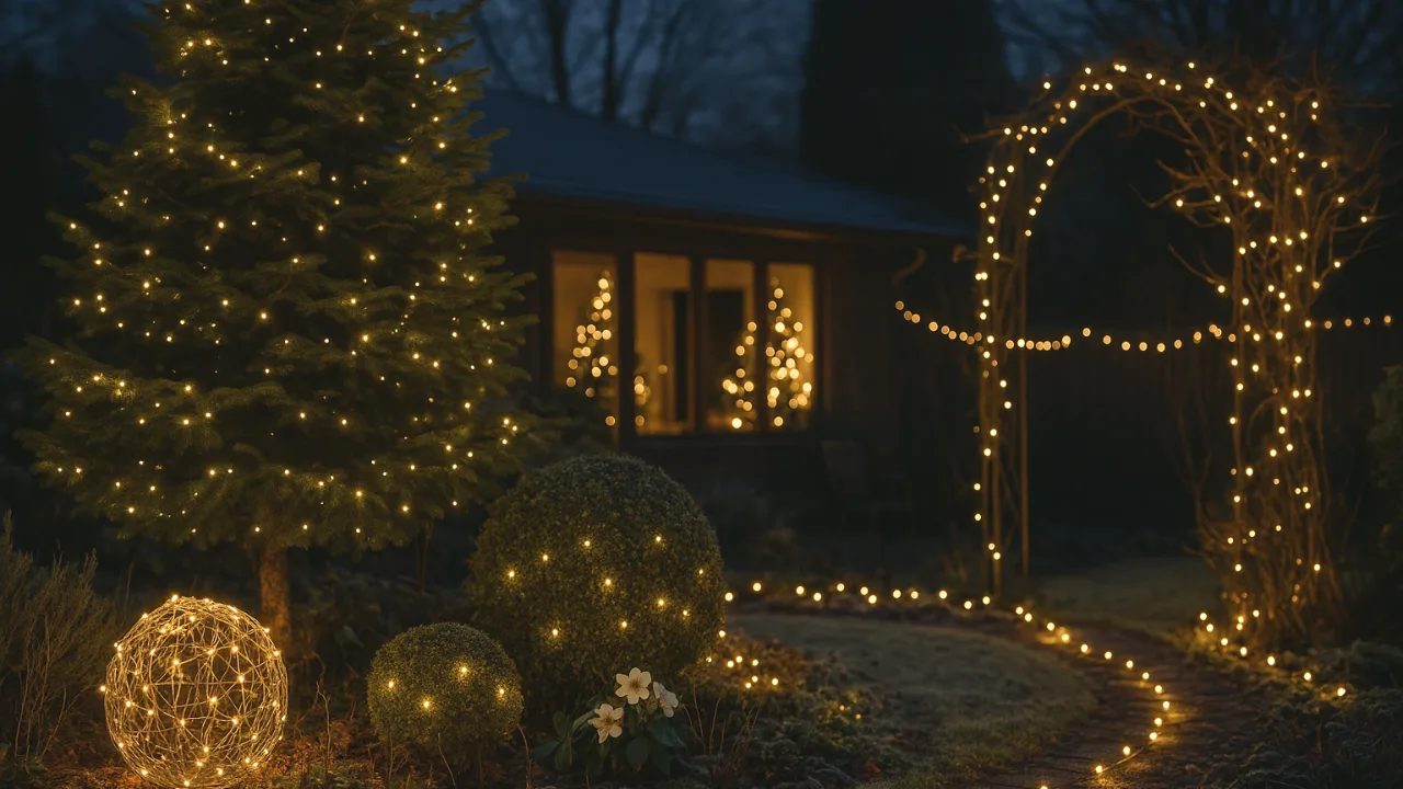 Weihnachtsdeko im Garten mit Lichterketten, Baum, Kugeln und beleuchtetem Bogen