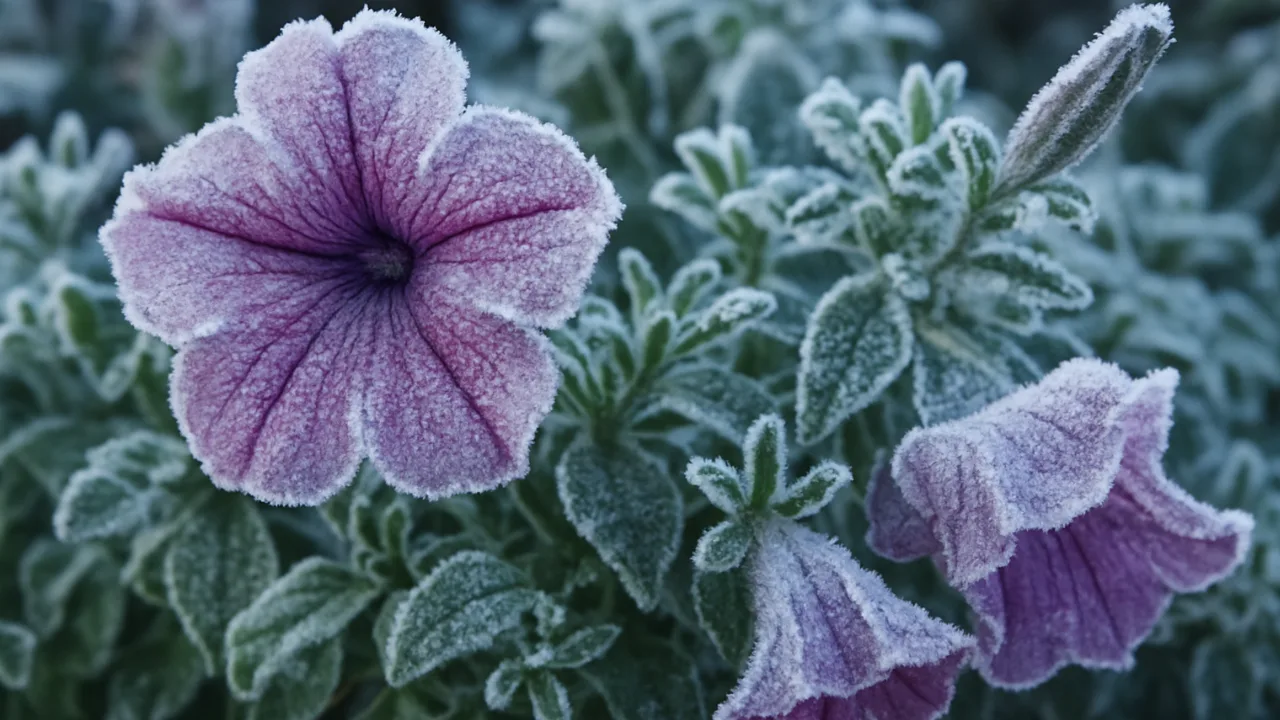 Petunien überwintern – Tipps für Wohnung & Garten Mit Reif überzogene Petunienblüten im Garten bei Frost fotografiert