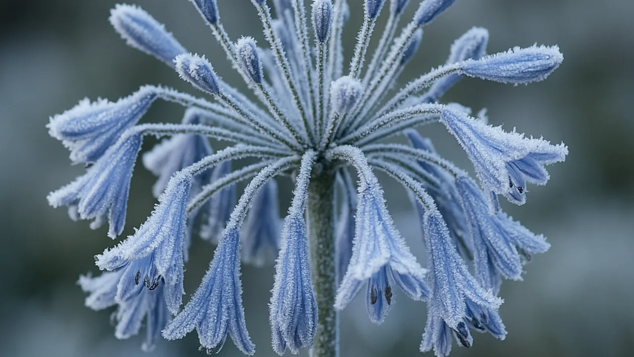 Schmucklilie überwintern – gefrorene Agapanthus-Blüte mit Frostschicht im Garten