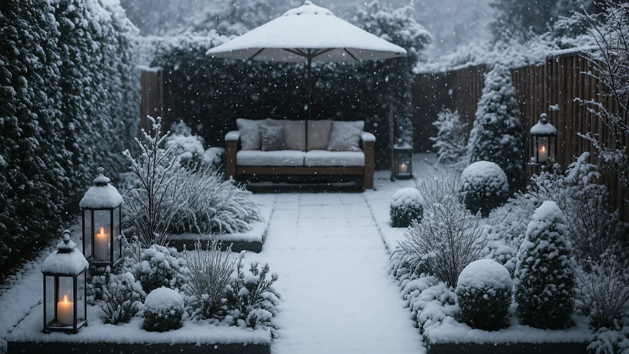 Winterdeko für schmale Gärten mit Schnee, Laternen und frostigen Pflanzen