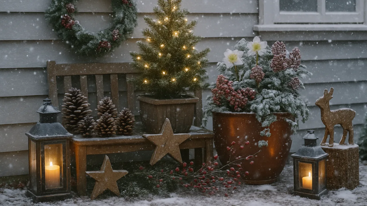 Winterdeko für den Außenbereich – 6 Ideen, die deinem Garten Leben einhauchen Winterdeko für den Außenbereich mit Tannenzweigen, Lichterketten und Holzlaternen im Schnee