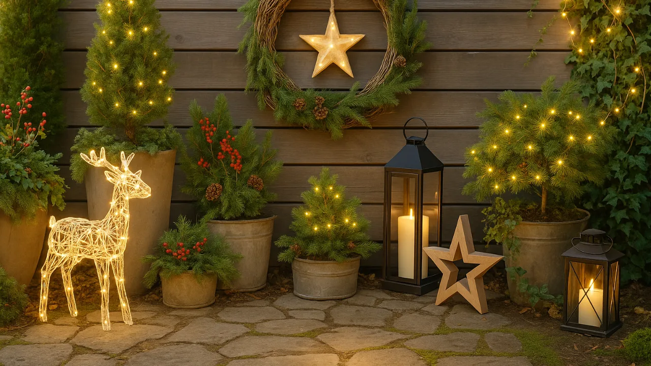 Weihnachtsdeko im Garten mit Lichterketten, Sternen und Laternen in warmem Licht