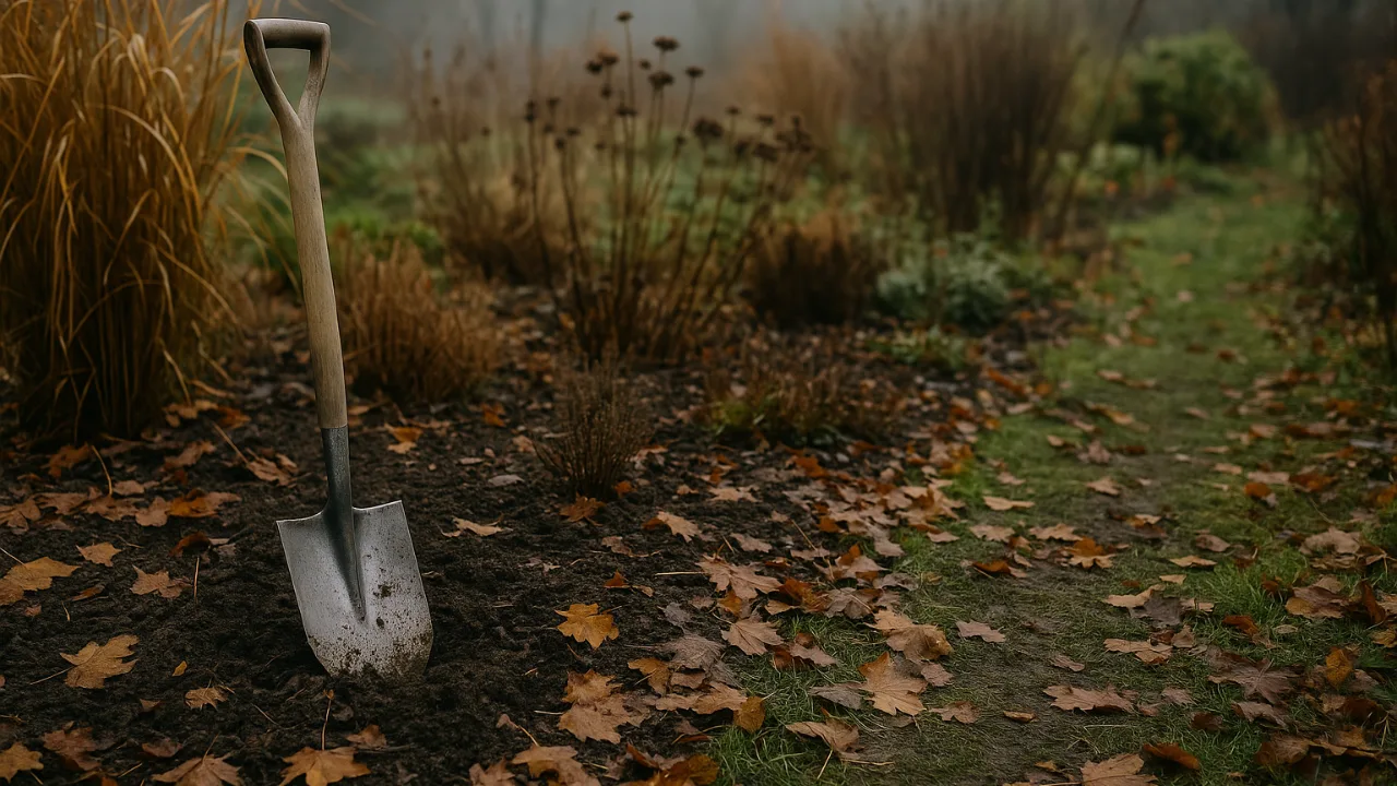 Spaten steckt im herbstlichen Gartenboden zwischen Laub und verwelkten Stauden im November