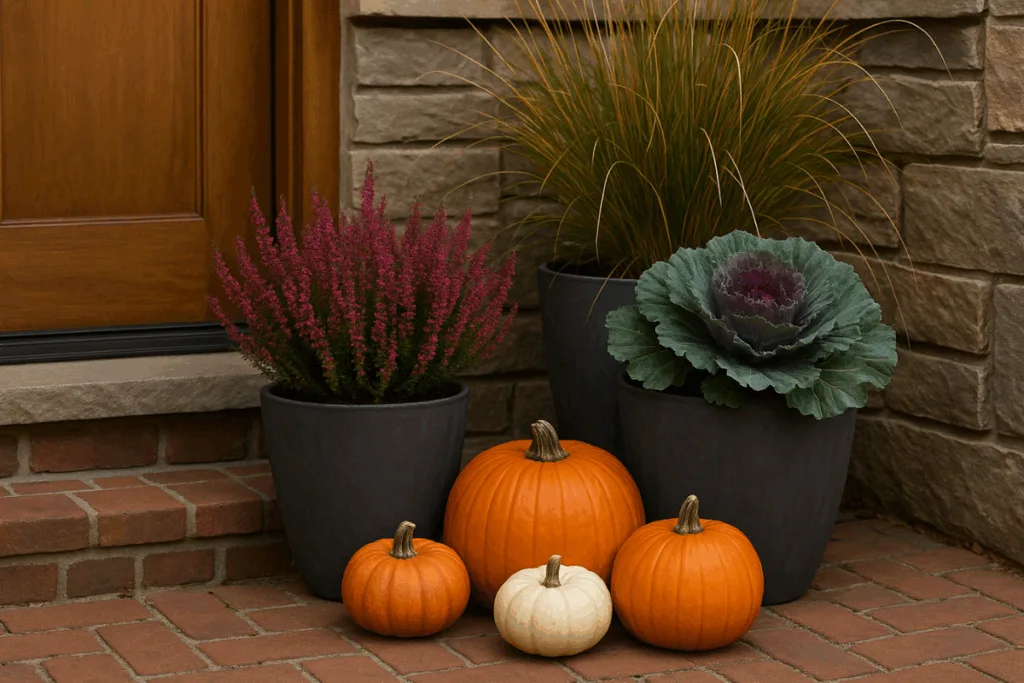 Hauseingang herbstlich dekorieren - Ideen & Tipps für draußen Herbstliche Pflanzen und Kübelarrangements mit Kürbissen am Hauseingang