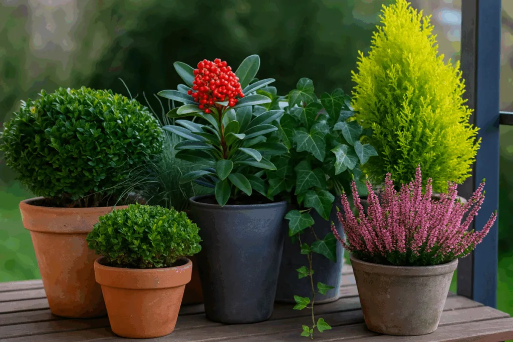 Winterfeste Balkonpflanzen - Tipps für einen grünen Balkon im Winter Winterfeste Balkonpflanzen wie Heide, Efeu und Buchsbaum im Pflanzkübel