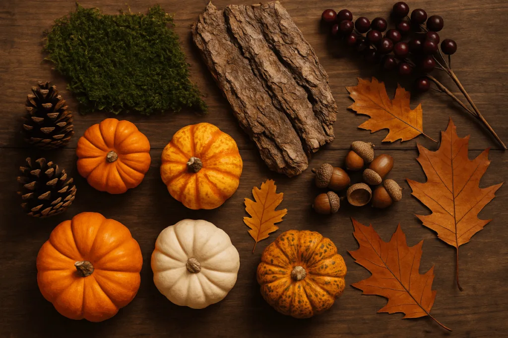 Hauseingang herbstlich dekorieren - Ideen & Tipps für draußen Herbstliche Farb- und Materialwahl mit Kürbissen, Zapfen, Rinde und Blättern