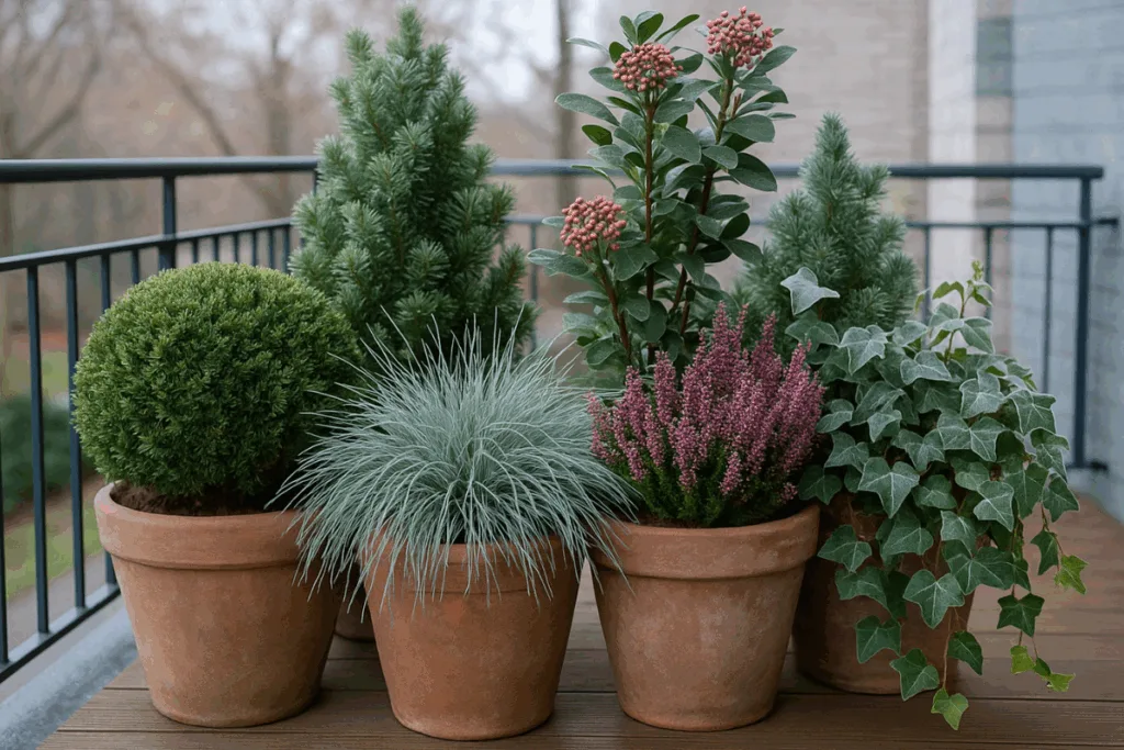 Winterfeste Balkonpflanzen - Tipps für einen grünen Balkon im Winter Große winterfeste Balkonpflanzen mit Gräsern, Efeu und Skimmie in Töpfen
