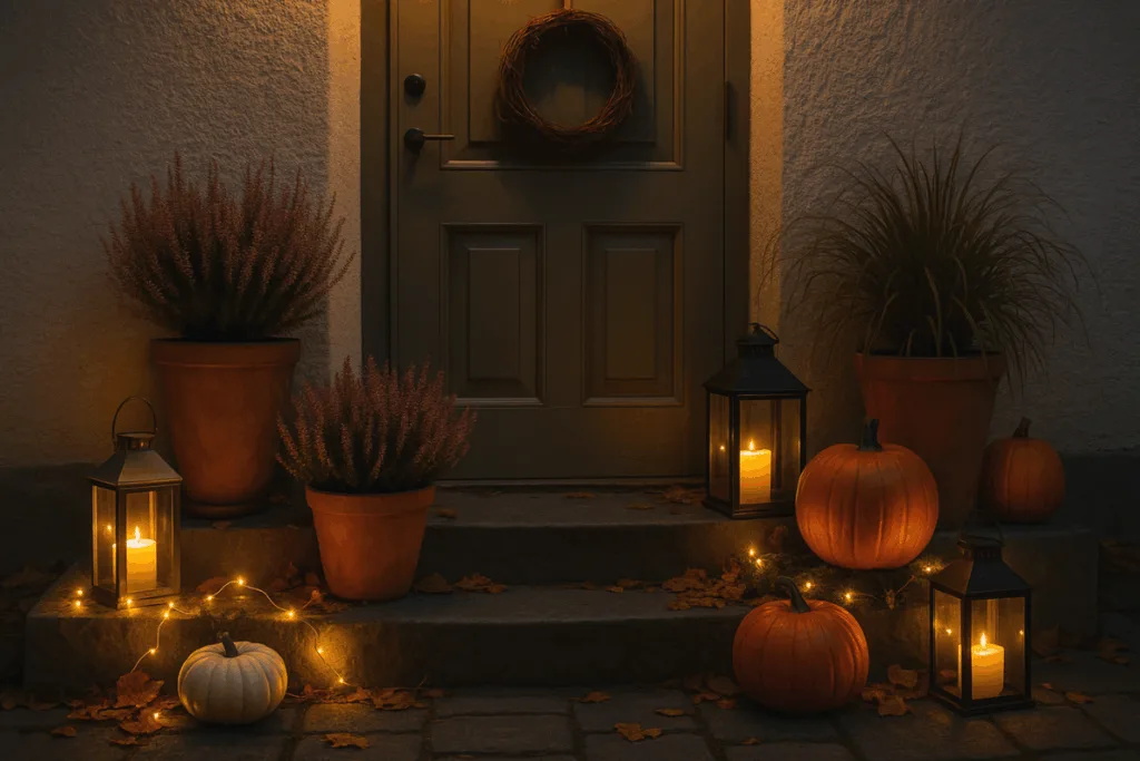 Hauseingang herbstlich dekorieren - Ideen & Tipps für draußen Herbstlich beleuchteter Hauseingang mit Laternen, Kürbissen und Pflanzen im Abendlicht