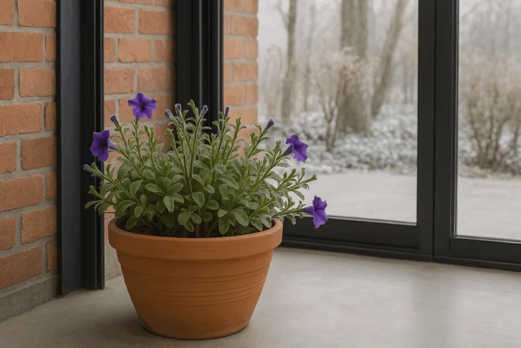 Petunien überwintern - Tipps für Wohnung & Garten Petunien im Terrakottatopf stehen zum Überwintern in einem hellen Wintergarten