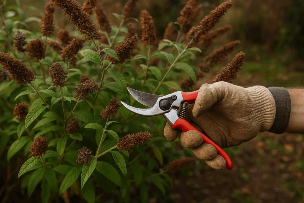 Diese 5 Gehölze musst du im November unbedingt schneiden Gärtner schneidet Sommerflieder im November mit Gartenschere für gesunden Neuaustrieb