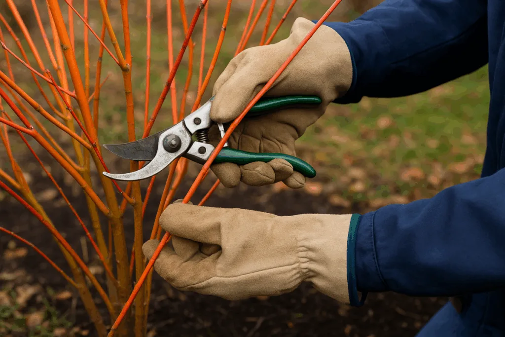 Diese 5 Gehölze musst du im November unbedingt schneiden Gärtner schneidet bunte Zierweiden im November für gesunden Neuaustrieb