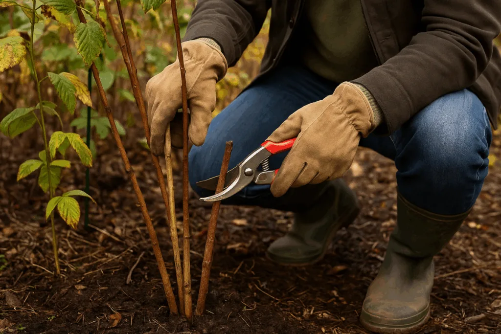 Diese 5 Gehölze musst du im November unbedingt schneiden Gärtner schneidet Himbeerruten im November mit Gartenschere im Beet