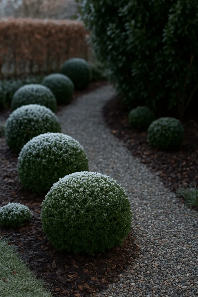 Winterdeko Gartenweg mit Buchsbaumkugeln und Frost entlang eines Kiespfades