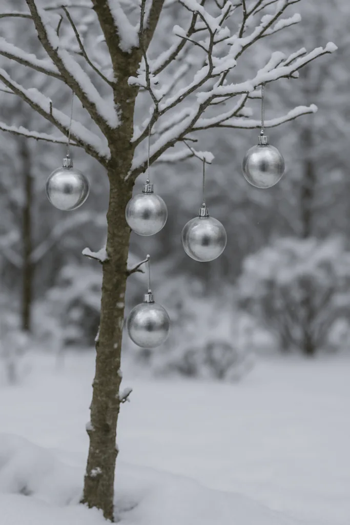 Winterdeko für Bäume und Sträucher - 6 Ideen, die deinen Garten lebendig halten Winterdeko für Bäume mit silbernen Kugeln im verschneiten Garten