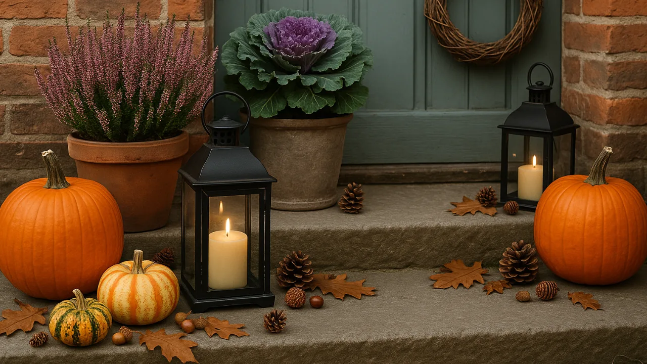 Hauseingang herbstlich dekoriert mit Kürbissen, Laternen, Heide und Zierkohl