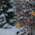 Winterdeko für Bäume und Sträucher mit Lichterkette und Sternen im Schnee