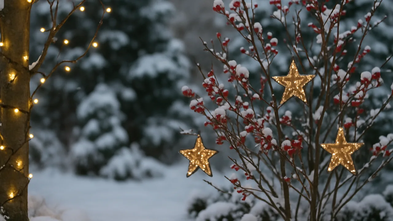 Winterdeko für Bäume und Sträucher – 6 Ideen, die deinen Garten lebendig halten Winterdeko für Bäume und Sträucher mit Lichterkette und Sternen im Schnee