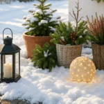 Winterdeko für die Einfahrt mit Schnee, Laterne und Pflanzen im Sonnenlicht