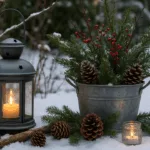 Winterdeko Garten mit Laterne, Tannenzweigen, Zapfen und roter Beerenbepflanzung im Schnee