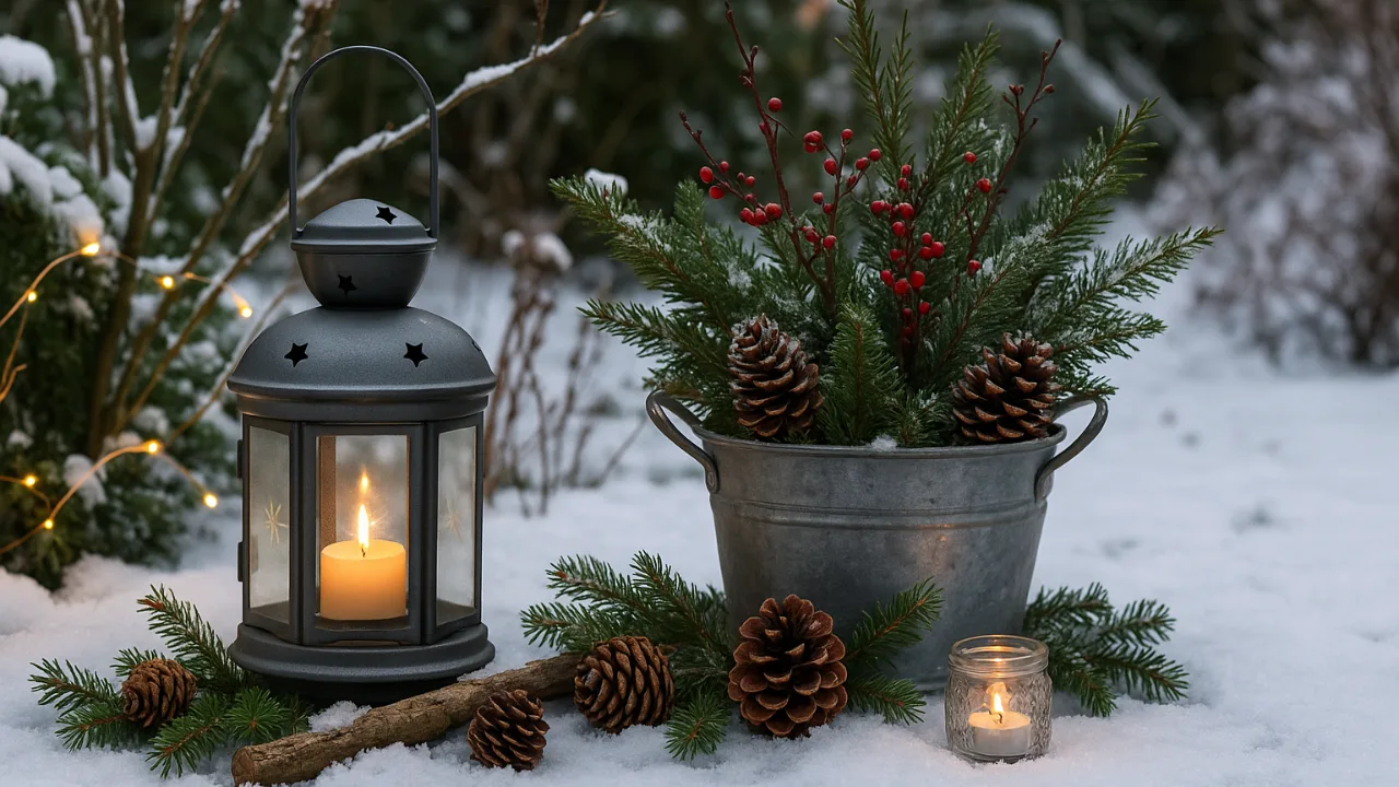 Winterdeko im Garten – 5 tolle Ideen & Tipps Winterdeko Garten mit Laterne, Tannenzweigen, Zapfen und roter Beerenbepflanzung im Schnee