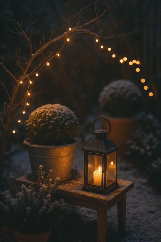 Winterdeko für kleinen Garten mit Laterne, Lichterkette und Schnee