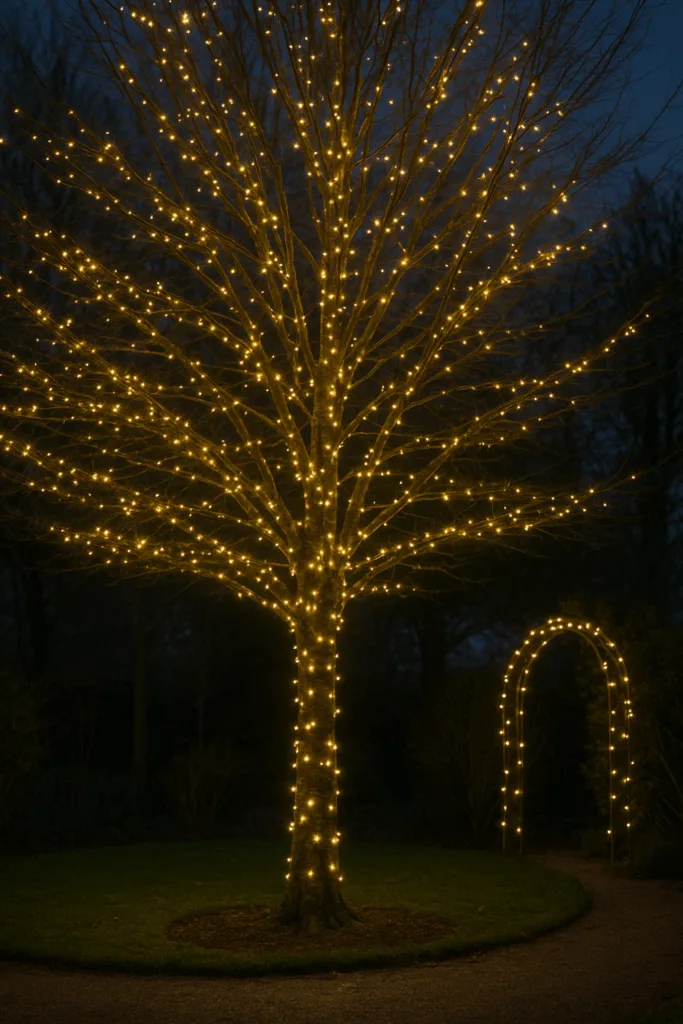 Weihnachtsdeko im Garten - 3 kreative Lichterketten-Ideen Baum mit Lichterketten im winterlichen Garten bei Nacht beleuchtet