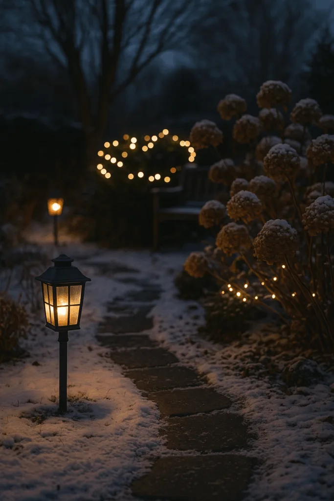 Winterdeko im Garten - 5 tolle Ideen & Tipps Winterdeko Garten mit beleuchtetem Weg, Laternen und Lichterkette im Schnee