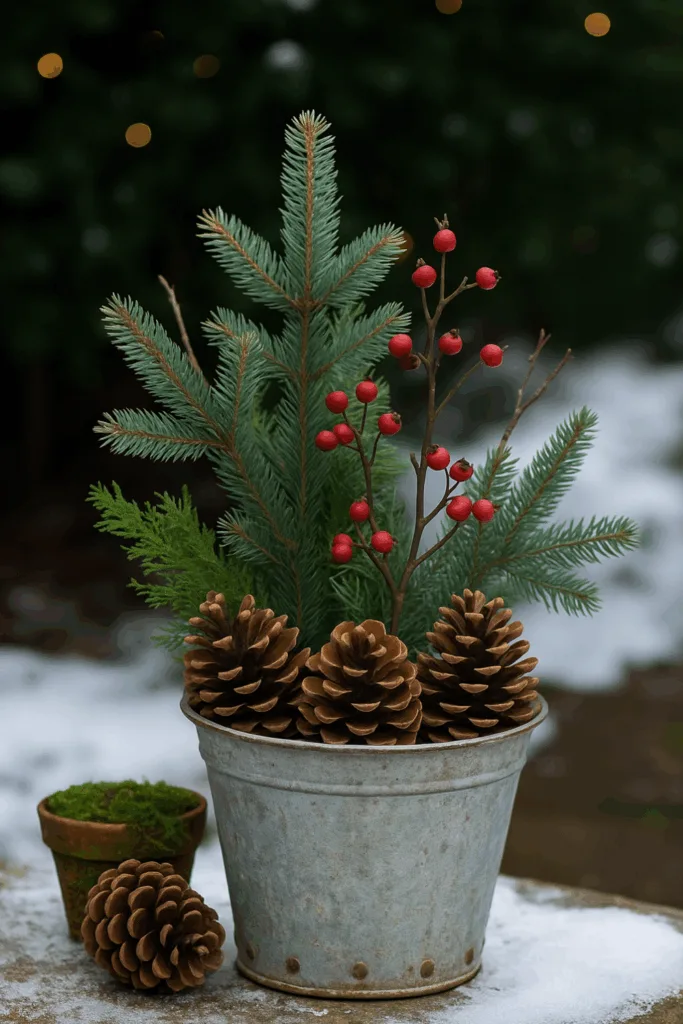 Winterdeko im Garten - 5 tolle Ideen & Tipps Rustikale Winterdeko im Garten mit Tannenzweigen, Zapfen und roten Beeren