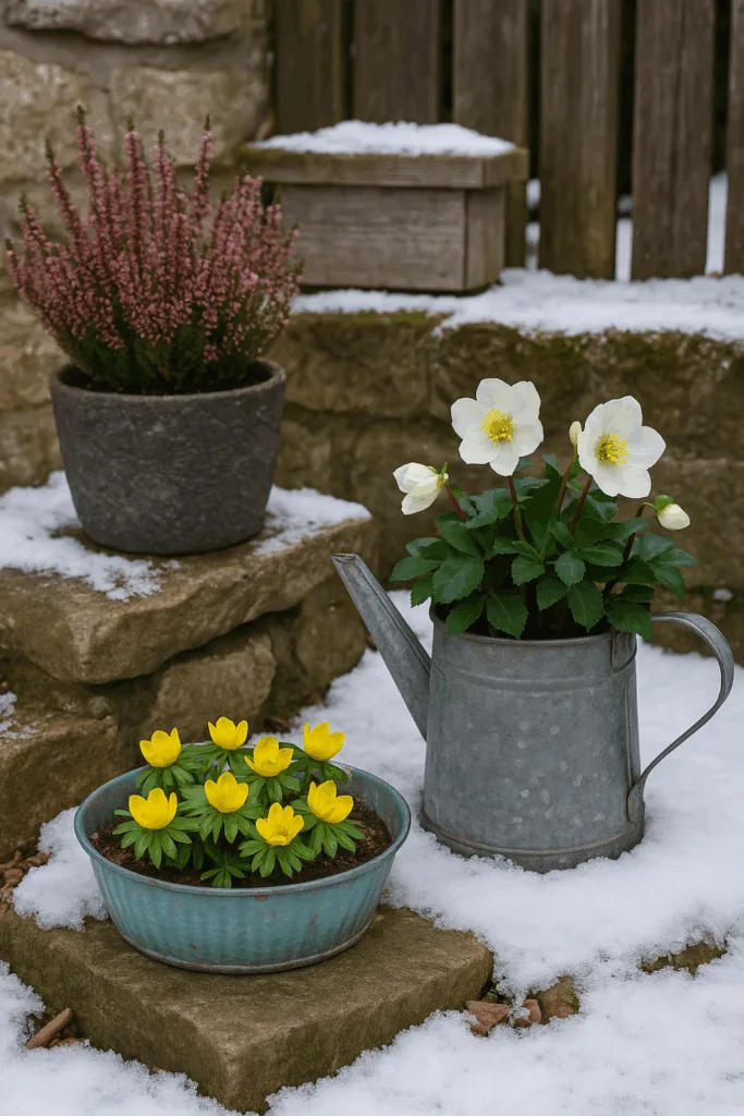 Winterdeko im Garten - 5 tolle Ideen & Tipps Winterdeko Garten mit Schneeheide, Winterling und Christrose in Zinkgefäßen