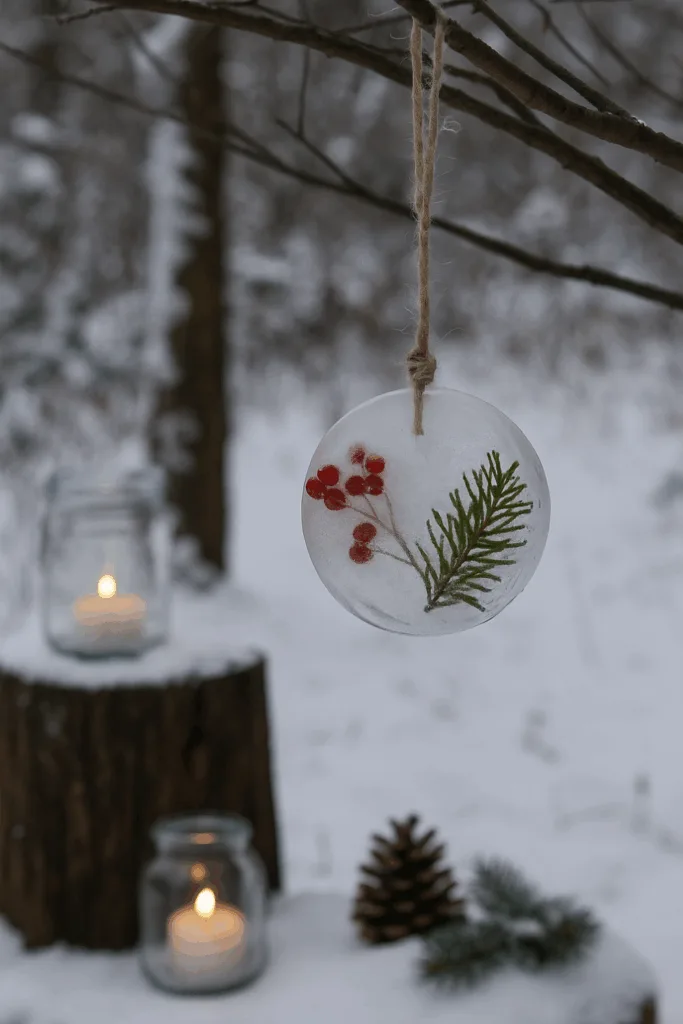 Winterdeko im Garten - 5 tolle Ideen & Tipps Winterdeko Garten mit gefrorenem Eisschmuck, roten Beeren und Tannenzweig