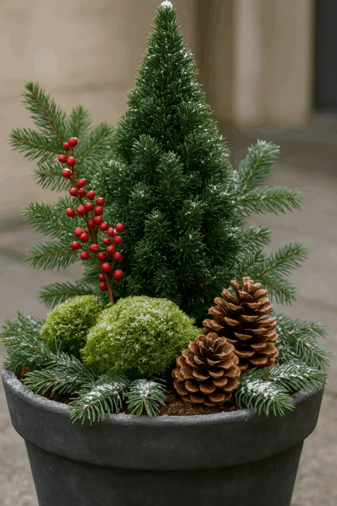 Winterdeko für Pflanzkübel - 5 natürliche & stilvolle Ideen Rustikale Winterdeko für Pflanzkübel mit Moos, Tannenzweigen und Zapfen und roten Akzenten