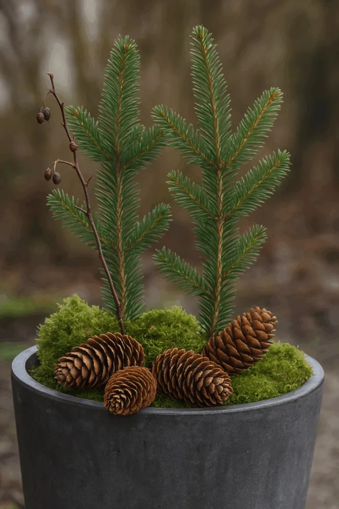 Winterdeko für Pflanzkübel - 5 natürliche & stilvolle Ideen Rustikale Winterdeko für Pflanzkübel mit Moos, Tannenzweigen und Zapfen