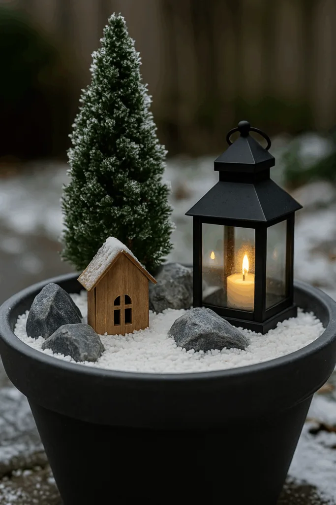 Winterdeko für Pflanzkübel - 5 natürliche & stilvolle Ideen Winterdeko für Pflanzkübel mit Mini-Winterlandschaft, Fichte, Laterne und Holzhaus