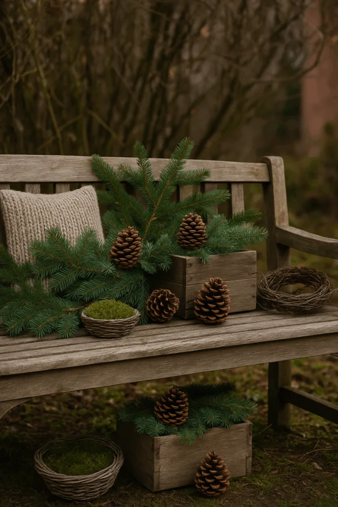 Gartenbank winterlich dekoriert mit Tannenzweigen, Zapfen und Holzboxen im Garten