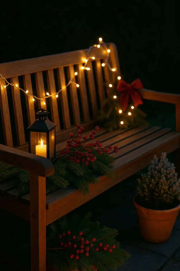 Gartenbank winterlich dekoriert mit Lichterkette, Laterne und roten Beerenzweigen