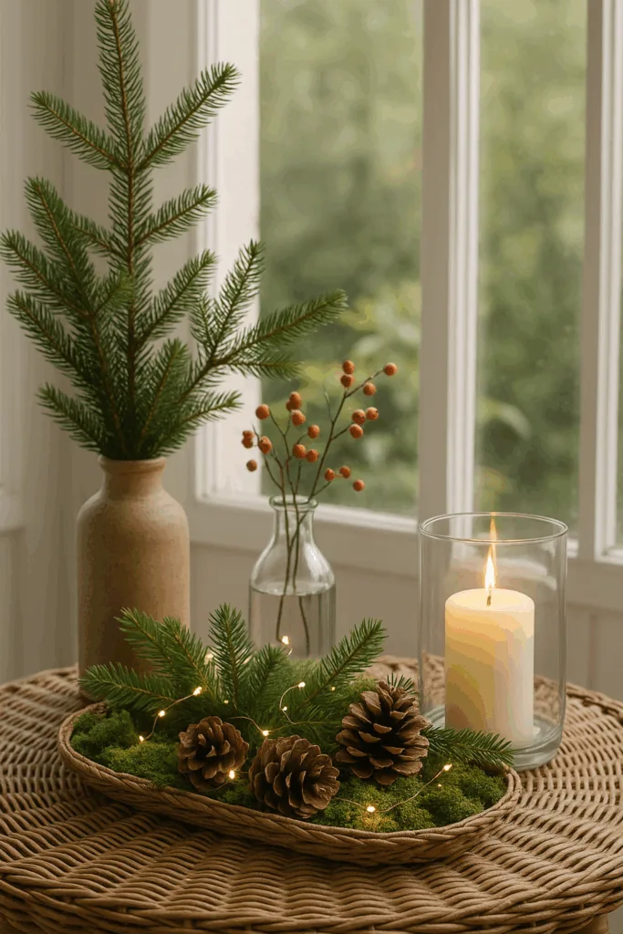 Winterdeko für den Wintergarten - 5 schöne & gemütliche Ideen Winterdeko im Wintergarten mit Tannenzweigen, Zapfen, Moos und Kerze auf Tisch