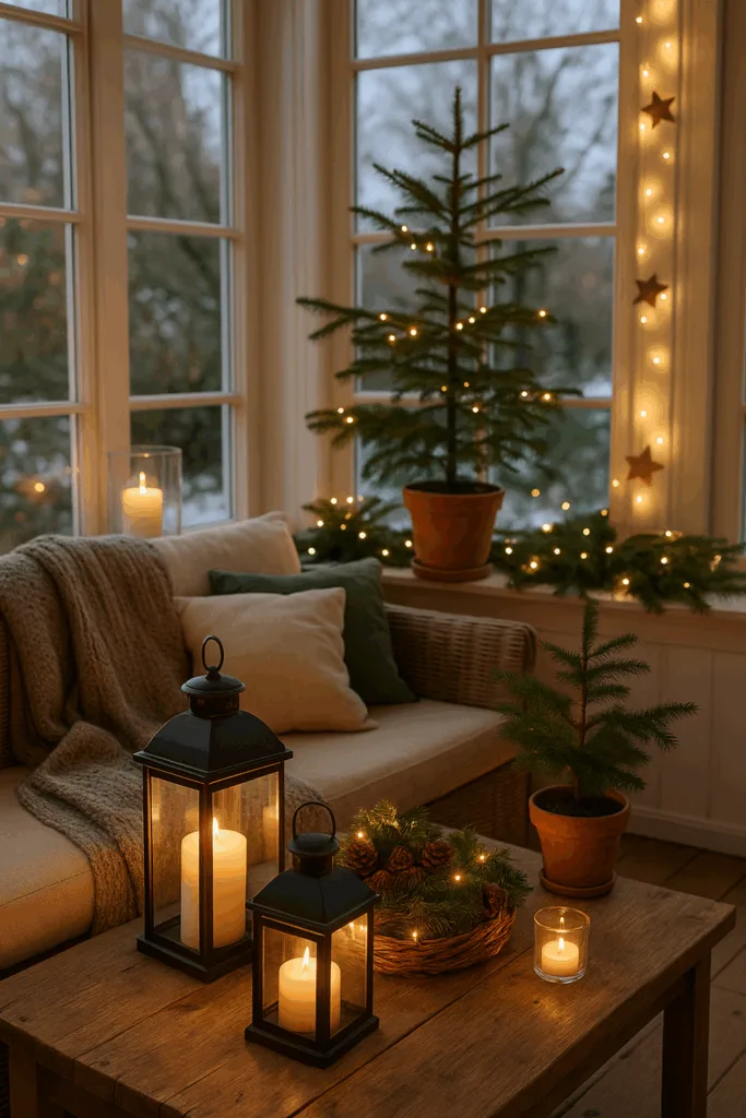 Winterdeko für den Wintergarten - 5 schöne & gemütliche Ideen Winterdeko mit Kerzen, Lichterkette und Tannengrün im gemütlichen Wintergarten