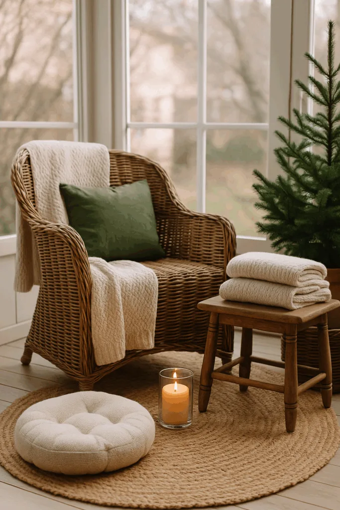 Winterdeko für den Wintergarten - 5 schöne & gemütliche Ideen Winterdeko im Wintergarten mit Decken, Kissen, Kerze und Tanne