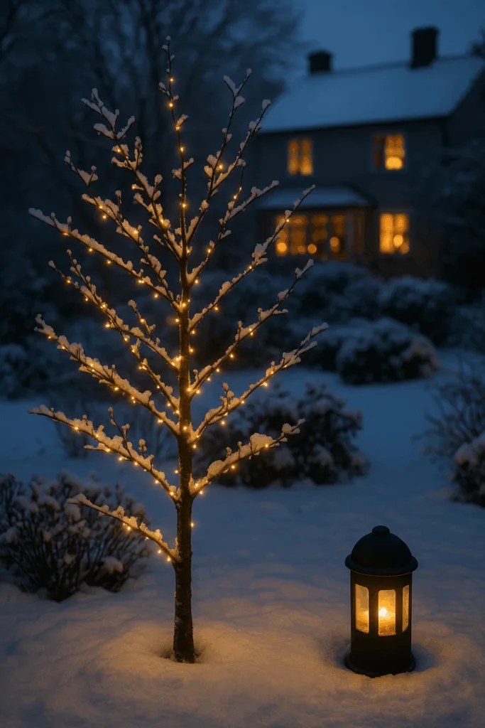 Winterdeko für große Gärten - 5 wunderschöne Ideen Winterdeko großer Garten mit Lichterbaum und Laterne im Schnee
