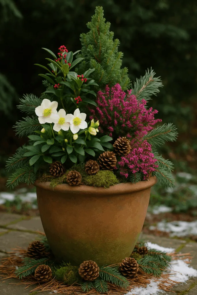 Winterdeko für große Gärten - 5 wunderschöne Ideen Winterdeko im großen Garten mit Christrose, Heidekraut und Zapfen im Pflanzkübel
