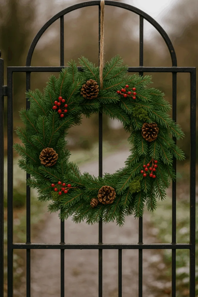 Winterdeko für das Gartentor - 3 Ideen, die wirklich wirken Winterdeko Gartentor: natürlicher Kranz aus Tannengrün, Zapfen und roten Beeren