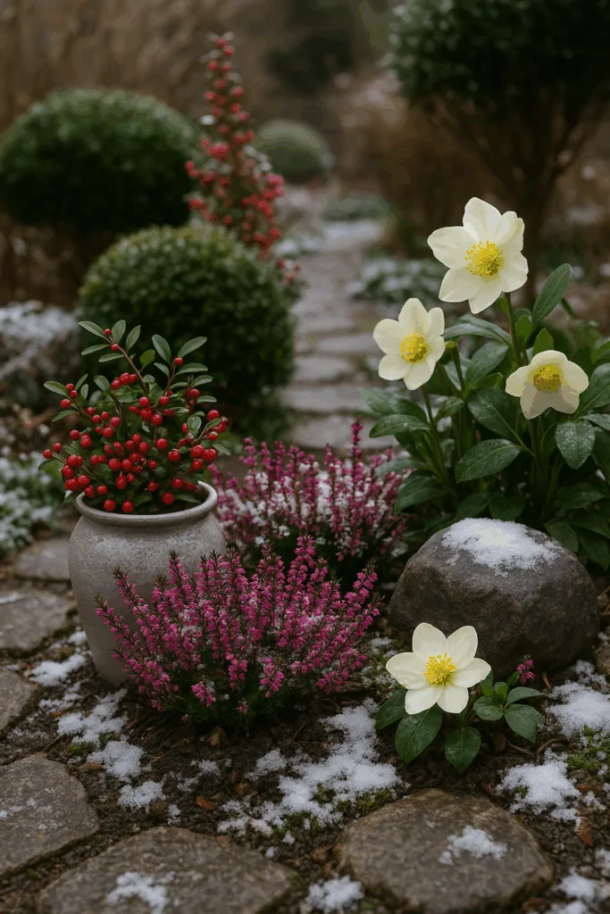 Winterdeko für Gartenwege mit Heide, Beerenzweigen und Christrose im Schnee