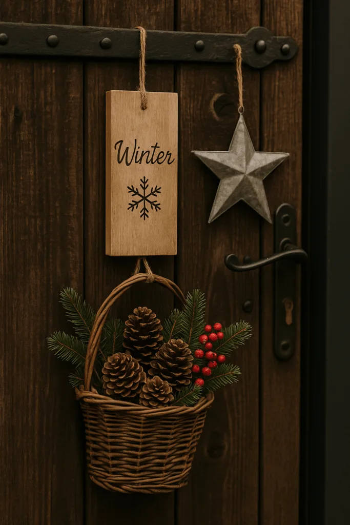 Winterdeko für das Gartentor - 3 Ideen, die wirklich wirken Winterdeko am Gartentor mit Korb, Zapfen, Beeren und Holzschild in natürlichem Stil